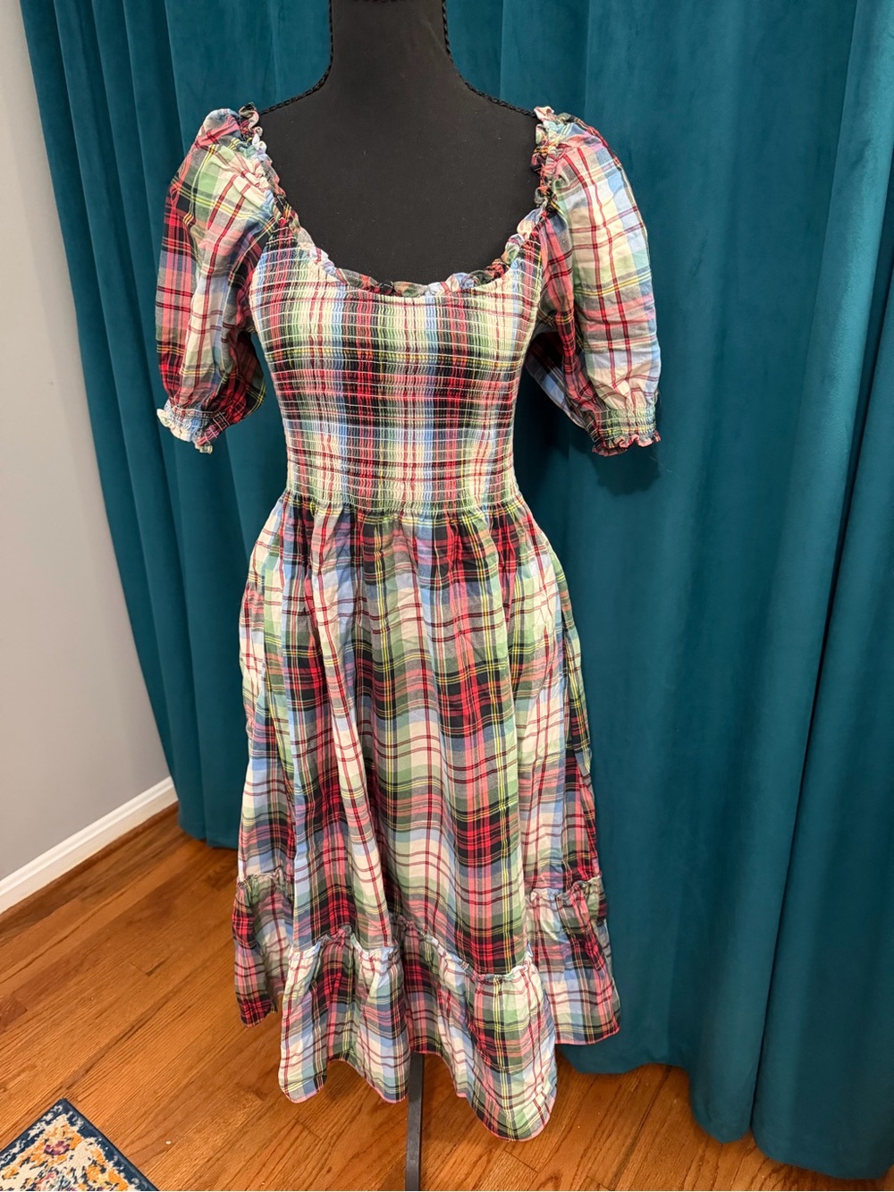 Hill House Multicolor Plaid Midi Dress with Puff Sleeves